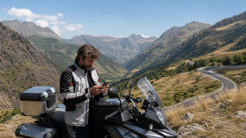 Traveller using a smartphone during north macedonia motorcycle trip in North Macedonia.