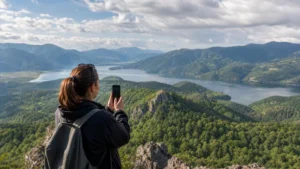 Traveller using a smartphone during mobile internet in north macedonia national parks in North Macedonia.