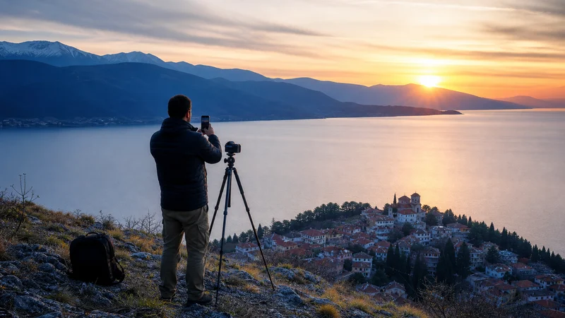 Traveller using a smartphone during north macedonia photography trip in North Macedonia.