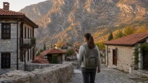 Traveller using a smartphone during mobile internet in remote north macedonia villages in North Macedonia.