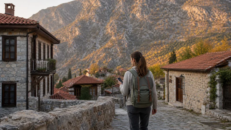 Traveller using a smartphone during mobile internet in remote north macedonia villages in North Macedonia.