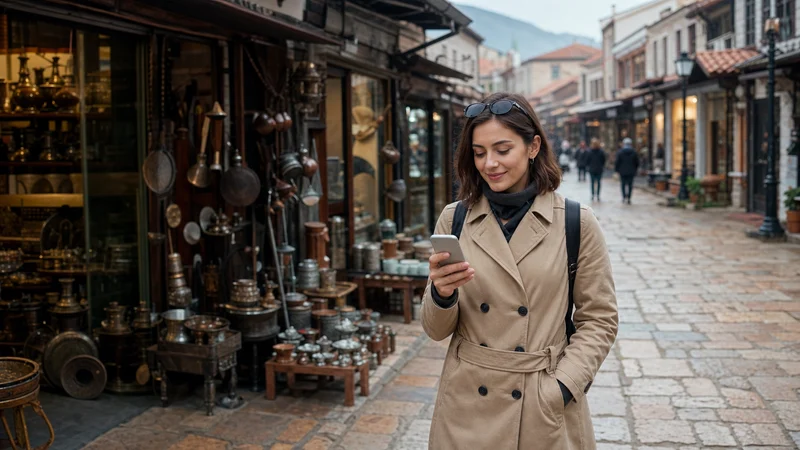 Traveller using a smartphone during solo travel in north macedonia in North Macedonia.