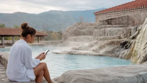 Traveller using a smartphone during internet at north macedonia thermal spas in North Macedonia.