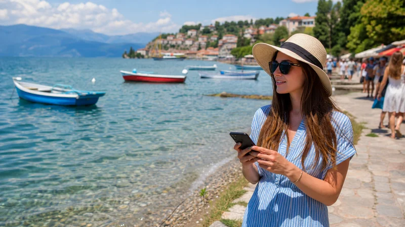 Traveller using a smartphone during north macedonia summer travel in North Macedonia.