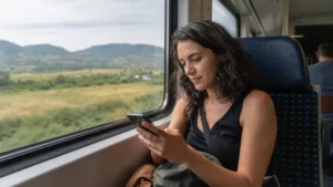 Traveller using a smartphone during north macedonia train wifi and mobile data in North Macedonia.