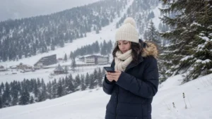 Traveller using a smartphone during north macedonia winter travel in North Macedonia.