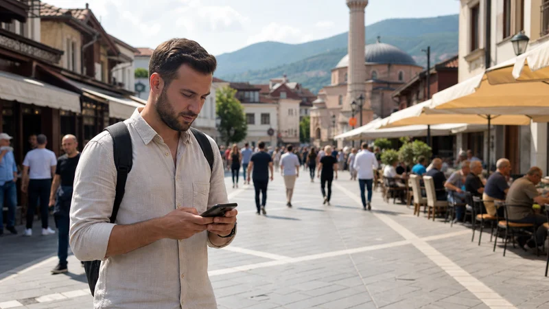Traveller using a smartphone during mobile internet for a novi pazar day trip in Serbia.