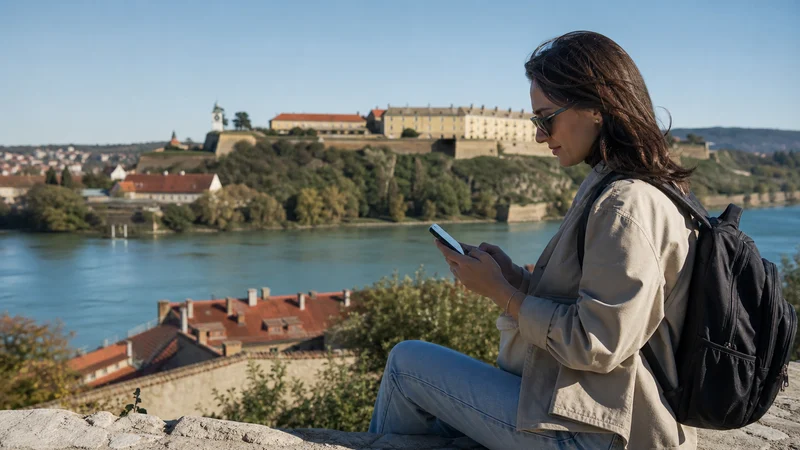 Traveller using a smartphone during mobile internet in novi sad in Serbia.