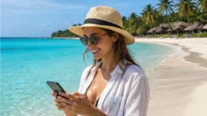 Traveller using mobile internet on a smartphone in Nungwi, Zanzibar