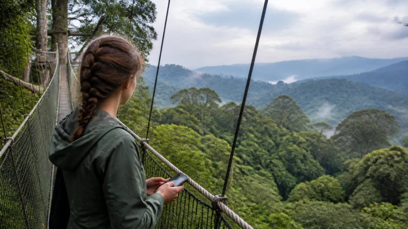 Traveller using a smartphone on the Nyungwe canopy walkway