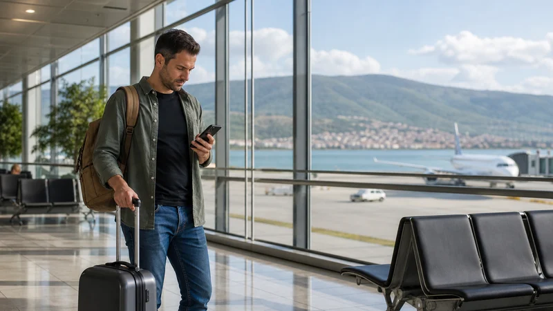 Traveller using a smartphone during mobile internet in ohrid airport in North Macedonia.