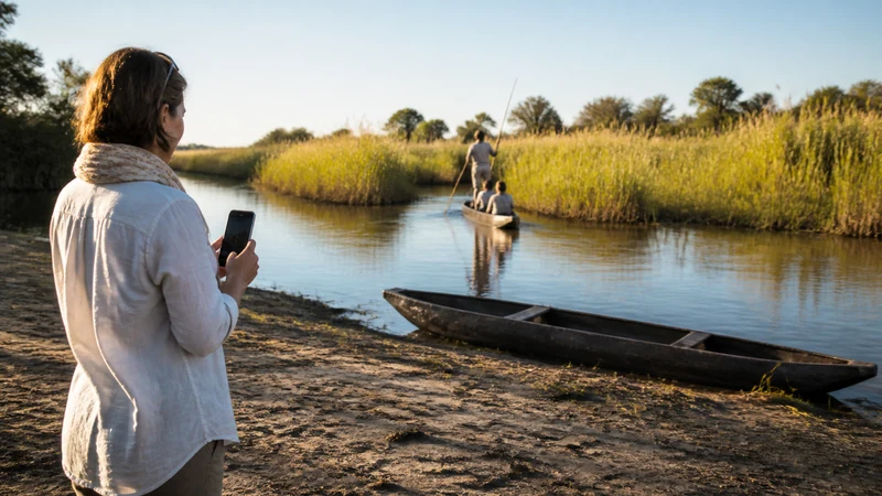 Mokoro and lodge setting in the Okavango Delta.