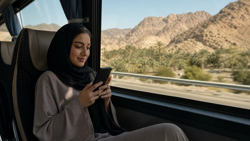 Traveller using a smartphone during passenger on an Oman intercity bus