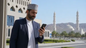Traveller using a smartphone during business traveller in Muscat