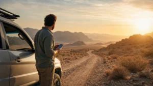 Traveller using a smartphone during traveller on an Oman desert road