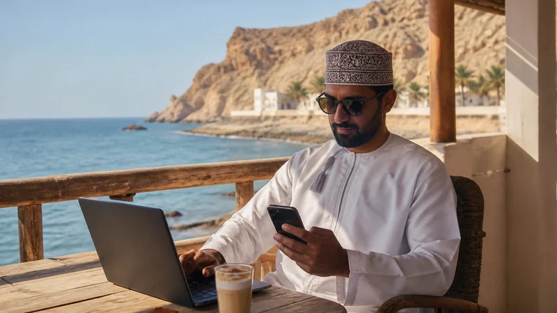 Traveller using a smartphone during digital nomad at coastal café