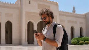 Traveller using a smartphone during Android user in modern Muscat