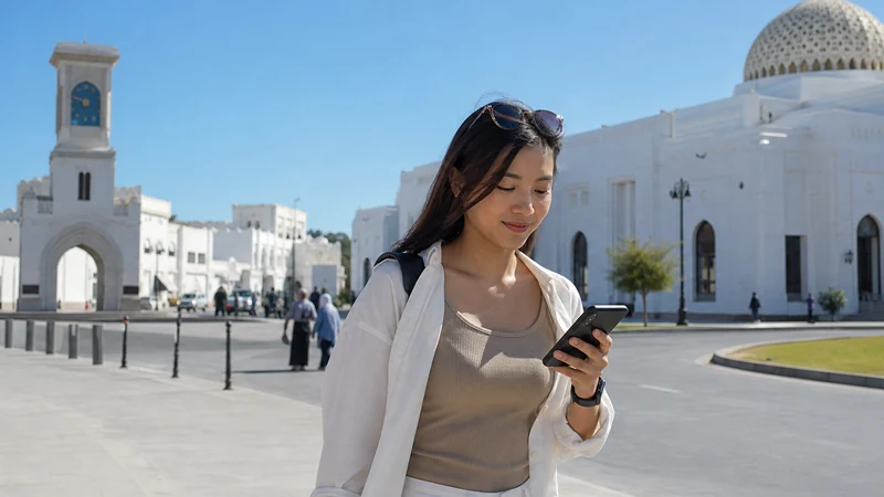 Traveller using a phone in central muscat