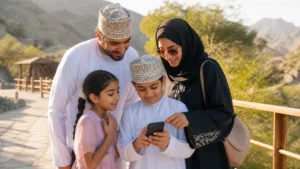 Traveller using a smartphone during family at Qurum Beach