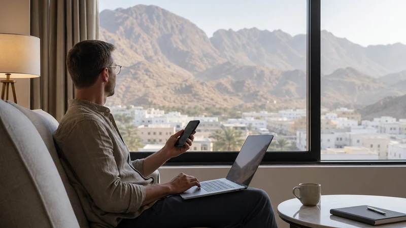 Traveller using a smartphone during long-stay guest in Muscat apartment