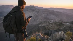 Traveller using a smartphone during travel photographer in Omani mountain landscape