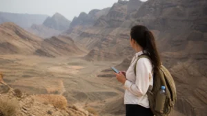 Traveller using a smartphone during prepared traveller in remote Oman