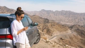 Traveller using a smartphone during road travellers beside car in Oman