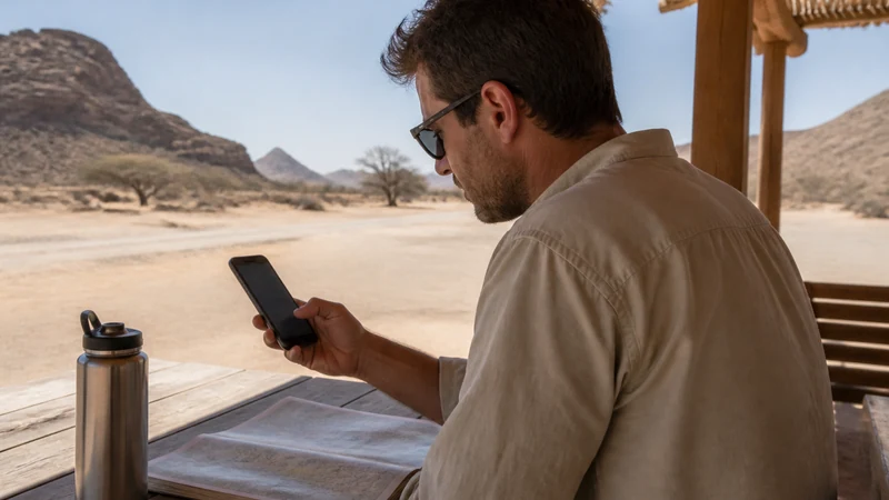 Traveller using a smartphone during traveller preparing for Oman–Saudi border
