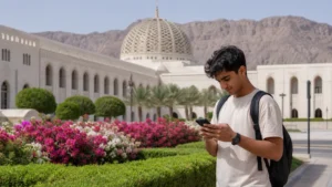 Traveller using a smartphone during student near Sultan Qaboos University