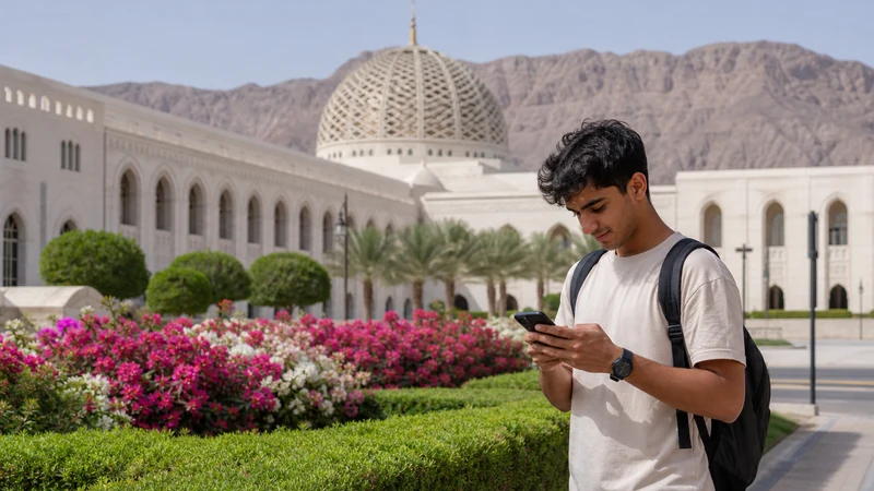 Traveller using a smartphone during student near Sultan Qaboos University