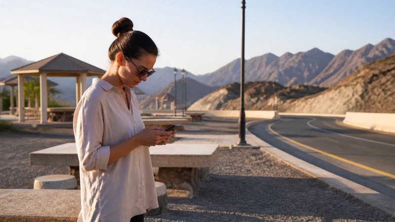 Traveller using a smartphone during traveller preparing for Oman–UAE border