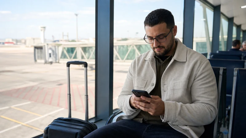 Traveller setting up an eSIM at Oran Airport
