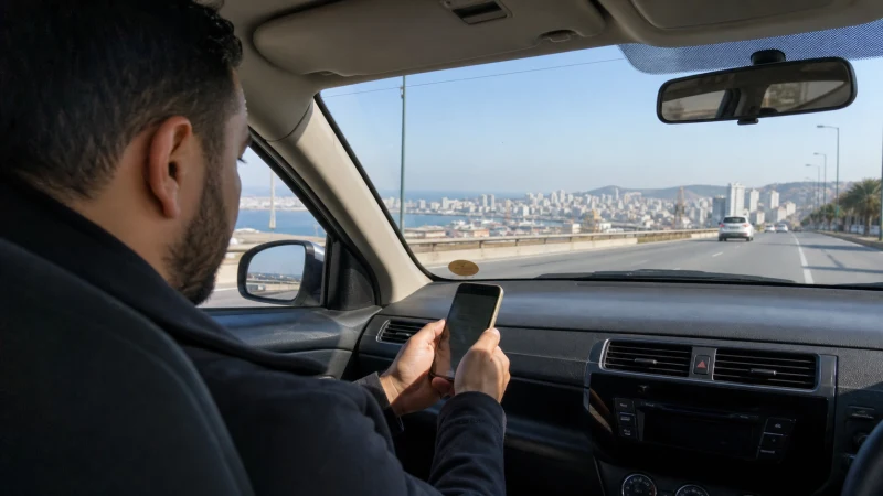 Traveller using mobile internet from Oran Airport to the city