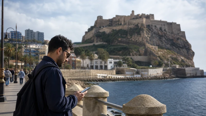 Traveller using mobile internet in Oran Algeria
