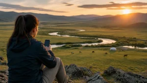 Traveller using a smartphone in Mongolia for orkhon valley mobile internet