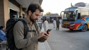 Traveller preparing mobile data for a Pakistan–Afghanistan overland journey