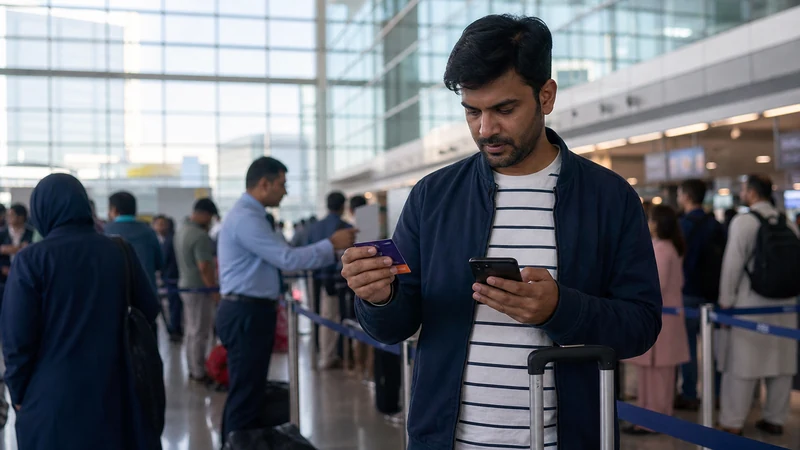 Traveller using public airport Wi-Fi carefully in Pakistan