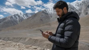 Traveller checking mobile data on the Pakistan–China mountain route