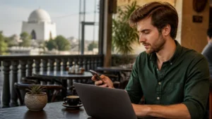 Digital nomad working online at a Karachi café