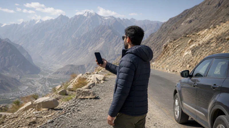 Traveller checking mobile coverage on a northern Pakistan road journey