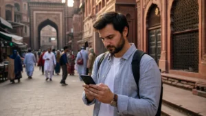 Traveller configuring a smartphone in Lahore Old City
