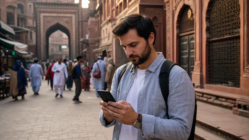 Traveller configuring a smartphone in Lahore Old City
