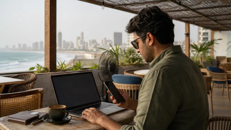Traveller sharing phone data with a laptop in Karachi