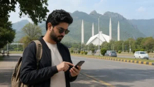 Traveller configuring an iPhone eSIM in central Islamabad