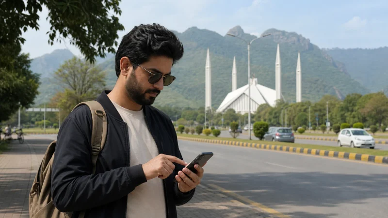 Traveller configuring an iPhone eSIM in central Islamabad