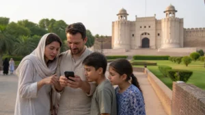 Family checking mobile directions near Lahore Fort