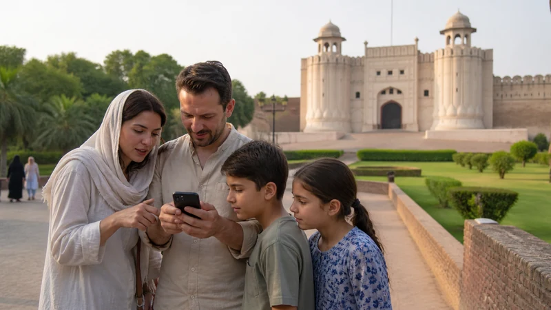 Family checking mobile directions near Lahore Fort