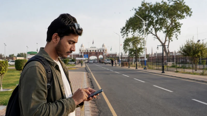Traveller preparing mobile data for a Pakistan–India land journey