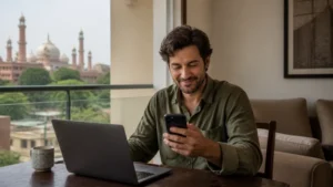 Long-stay traveller working online in a Lahore apartment