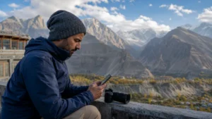 Travel photographer using mobile data in Hunza Valley